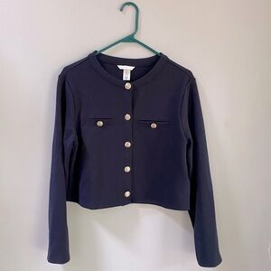 H&M Navy Blue Cropped Jacket with Crested Buttons Size Large